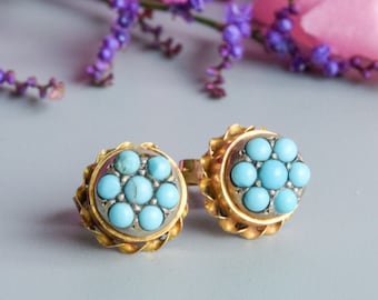 Antique turquoise cluster stud earrings pave setting 9 carat gold