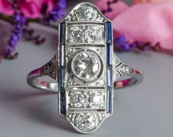 Antique art deco sapphire and diamond platinum panel ring