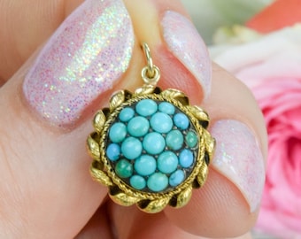 Antiguo victoriano pavimenta turquesa cluster bombe colgante encanto oro de 9 quilates
