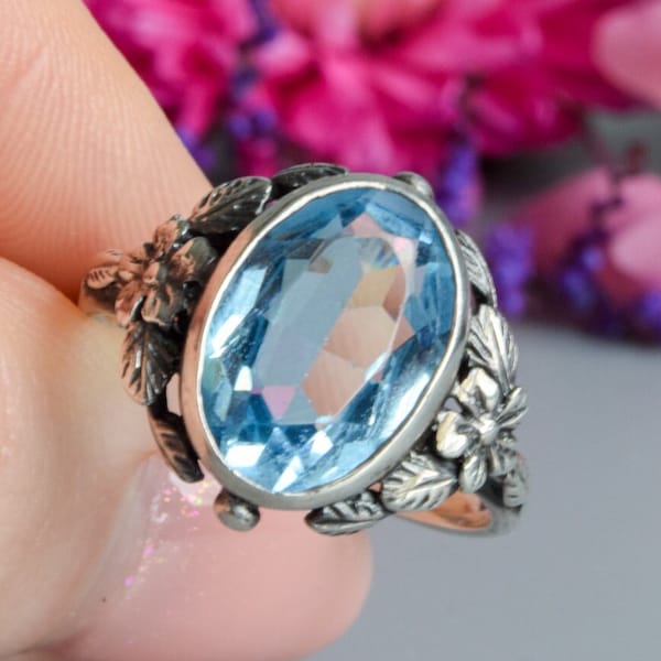 Antique arts and crafts foliate sterling silver blue paste ring