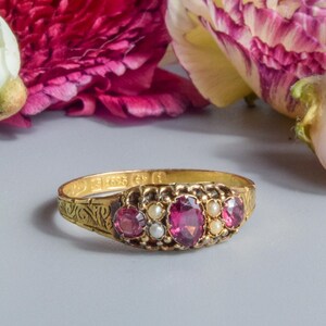 Antique Victorian garnet pearl engraved band ring 15 carat gold