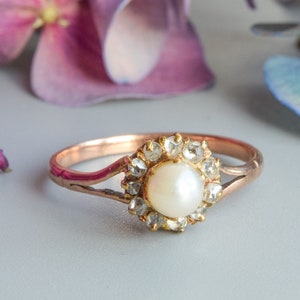Antique Edwardian rose cut diamond pearl daisy ring 18 carat gold