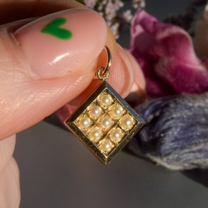Antique Victorian diamond shape seed pearl charm pendant 9 carat gold