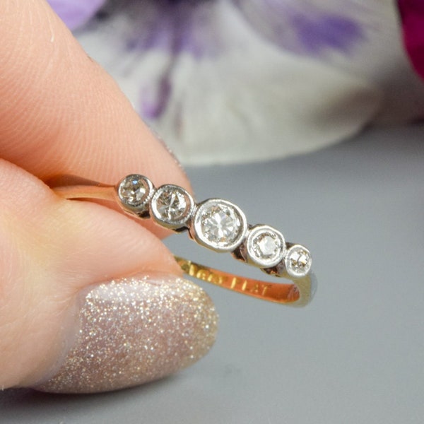 Antique Edwardian 5 stone diamond bezel set ring 18 carat gold