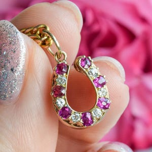 Może przedstawiać: Złoty naszyjnik z wisiorkiem w kształcie podkowy. Podkowa jest inkrustowana naprzemiennie różowymi i przezroczystymi kamieniami szlachetnymi. Tło przedstawia różowe i fioletowe kwiaty.