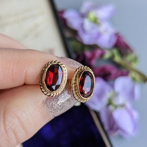 Vintage oval faceted garnet stud earrings, 9 carat gold