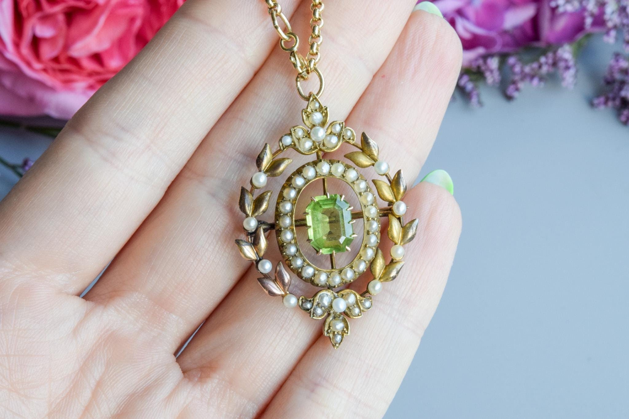 Antique Victorian Peridot Pearl Pendant Brooch 15 Carat Gold