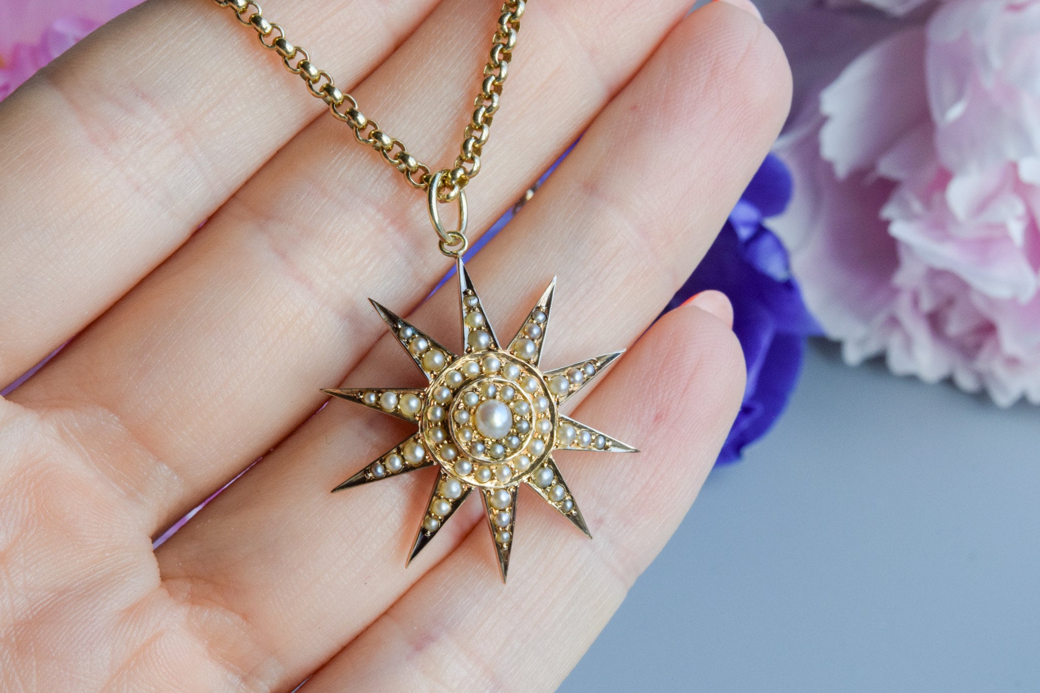 アンティークビクトリア朝のシードパールスターバーストペンダント