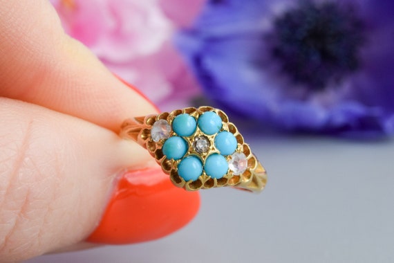Antique Victorian Turquoise Diamond and Clear Paste Flower Ring 18 Carat Gold Etsy