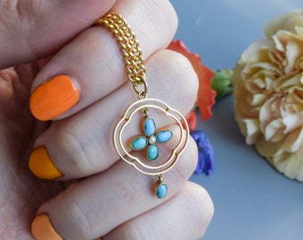 Antique Edwardian art nouveau quatrefoil turquoise and pearl lavalier pendant, 9 carat gold
