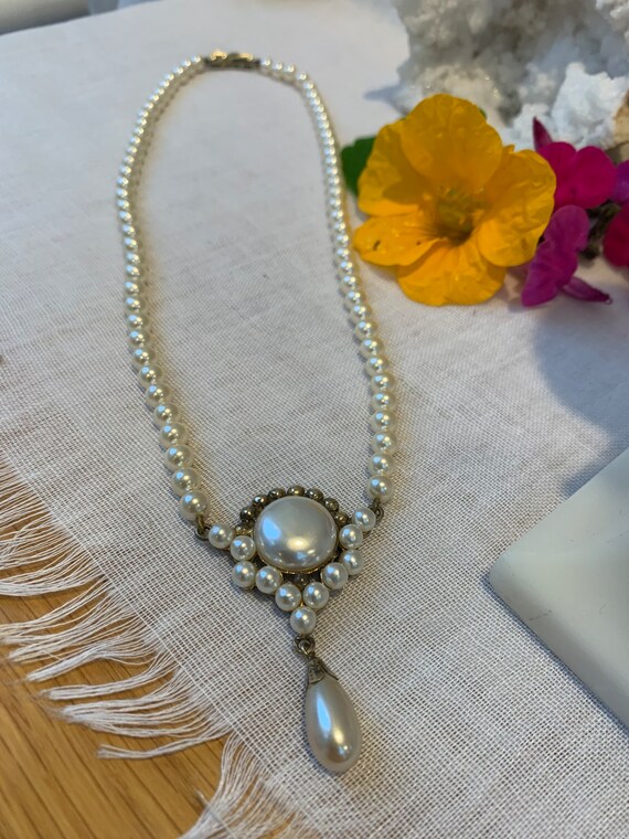 Vintage Lotus Fashion Simulated Pearl Drop Necklace Silver Gilt