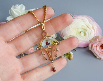 Victorian art nouveau lavalier garnet pearl pendant 9 carat gold
