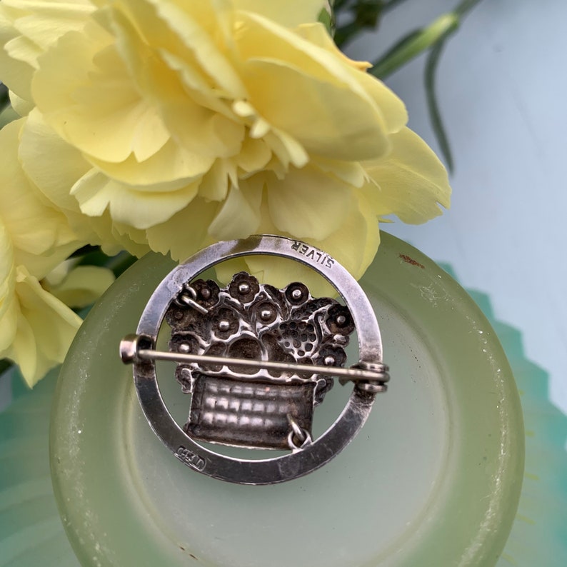 antique Victorian flower and fruit basket enamel silver brooch