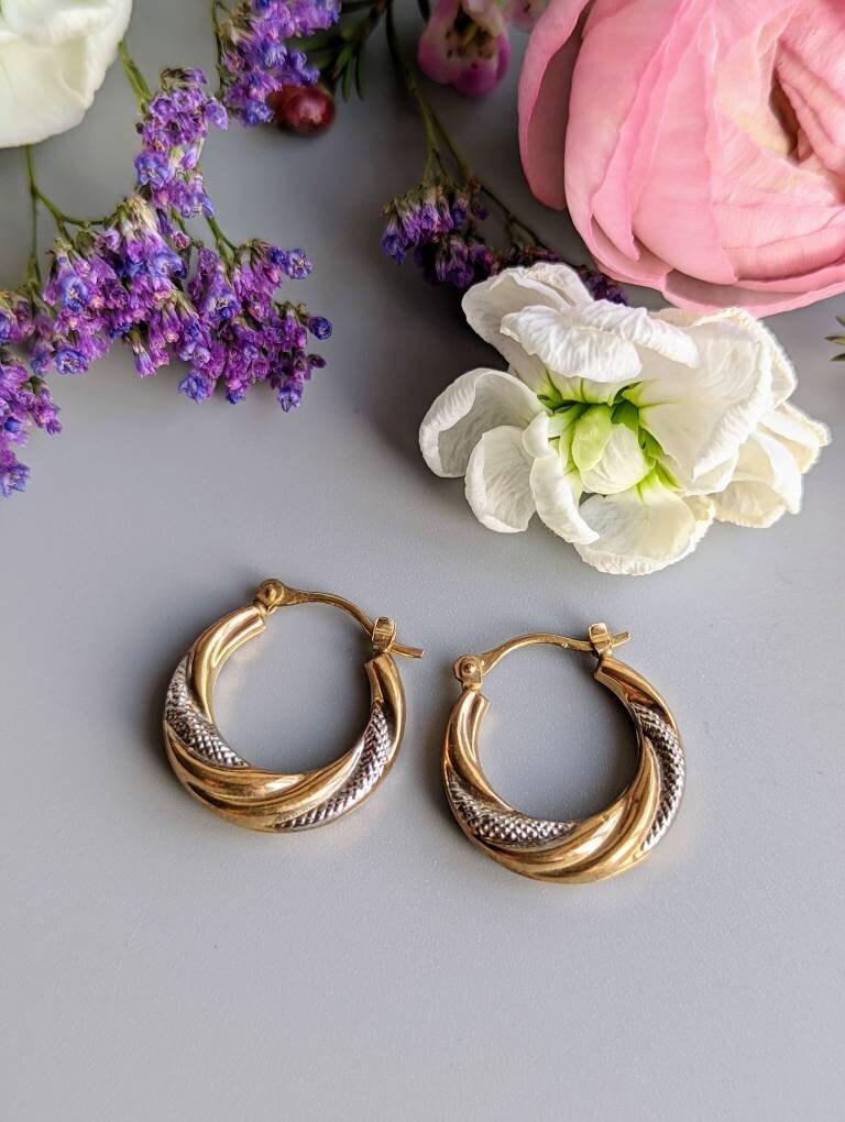 Vintage White and Yellow Gold Hoop Earrings 9 Carat Gold | Etsy