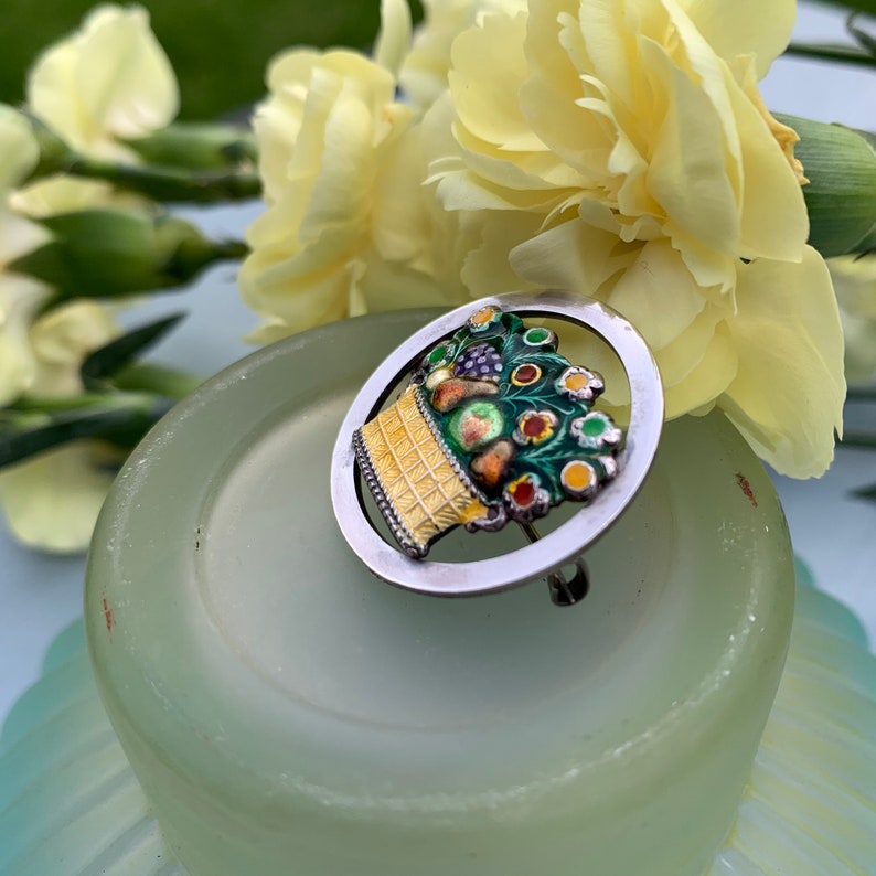 antique Victorian flower and fruit basket enamel silver brooch