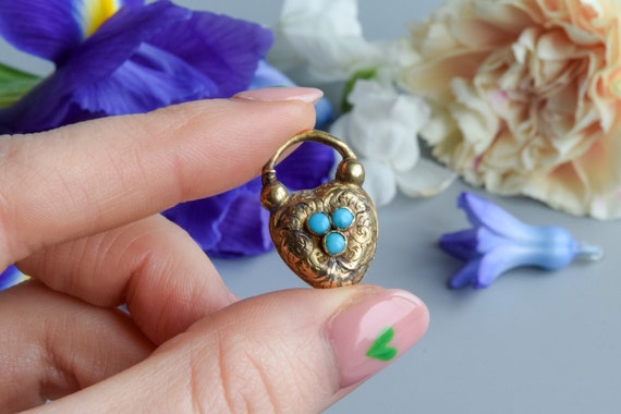 Antique Victorian turquoise padlock heart pendant… - image 2