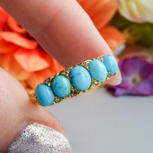 Antique Victorian five stone turquoise diamond spacer ring 18 carat gold