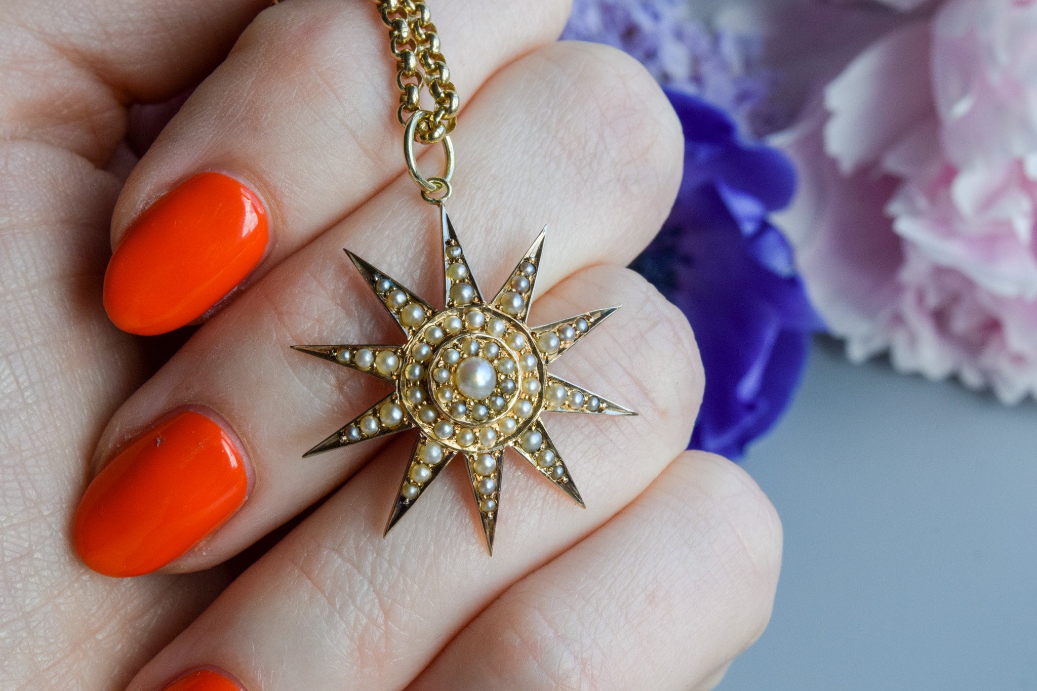 イギリス ビクトリア朝　アンティークネックレス☆ シードパール アンティークビクトリア朝のシードパールスターバーストペンダント