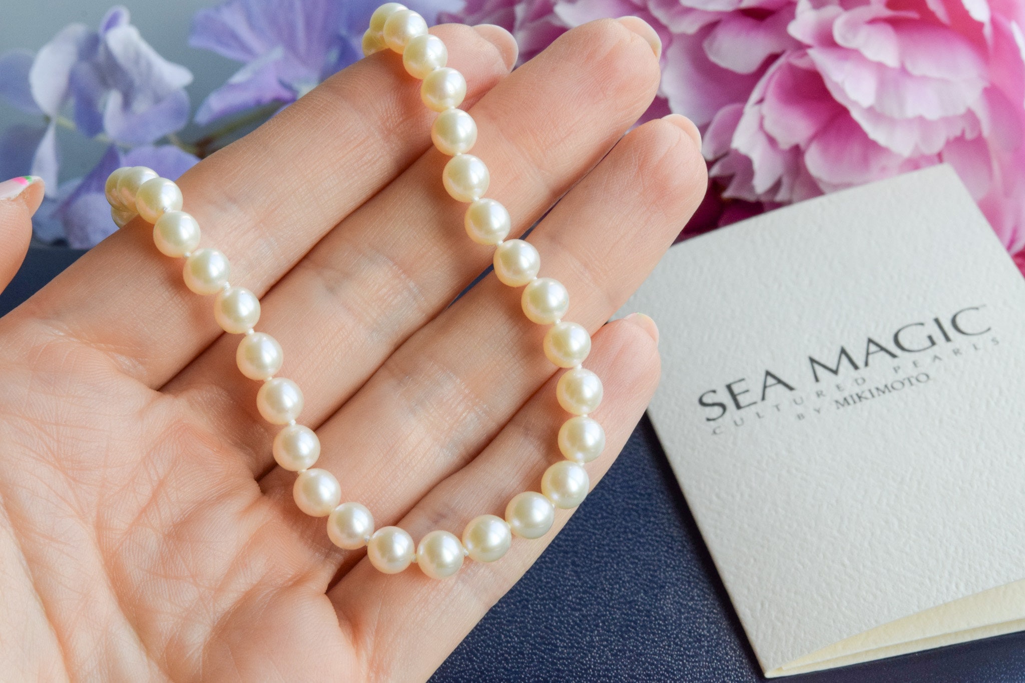 Vintage Mikimoto Sea Magic 6mm Pearl Necklace 14 Carat Gold Clasp Box Certificate