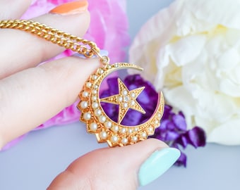 Antique Victorian crescent moon star pearl diamond pendant 18 carat gold