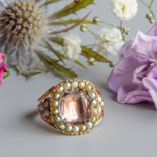 Antique late Georgian amethyst seed pearl gold halo ring, closed back.