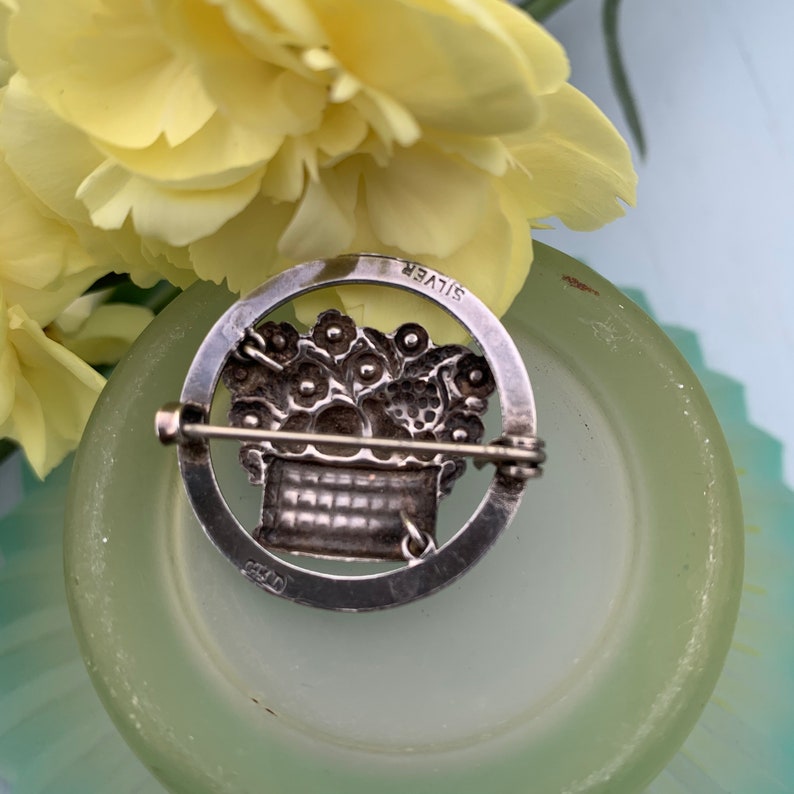 antique Victorian flower and fruit basket enamel silver brooch