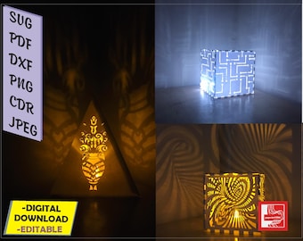 May include: A collection of illuminated laser-cut paper lanterns in various geometric designs. One lantern is a cube with a circuit board pattern, another is a pyramid with a vase design, and a third has a swirling pattern. The image includes the text "DIGITAL DOWNLOAD - EDITABLE".