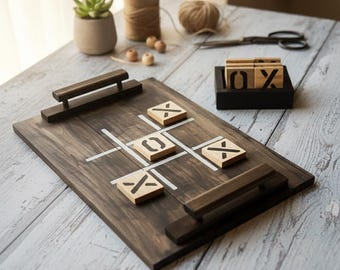 Handgemachtes Holz Tic Tac Toe Spiel: Großes rustikales Serviertablett, Housewarming Geschenk