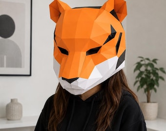 Low Poly Tiger Maske PDF Vorlage | Druckbare Papercraft Tier Maske | DIY Polygon Tiger Kostüm | 3D Papiermuster