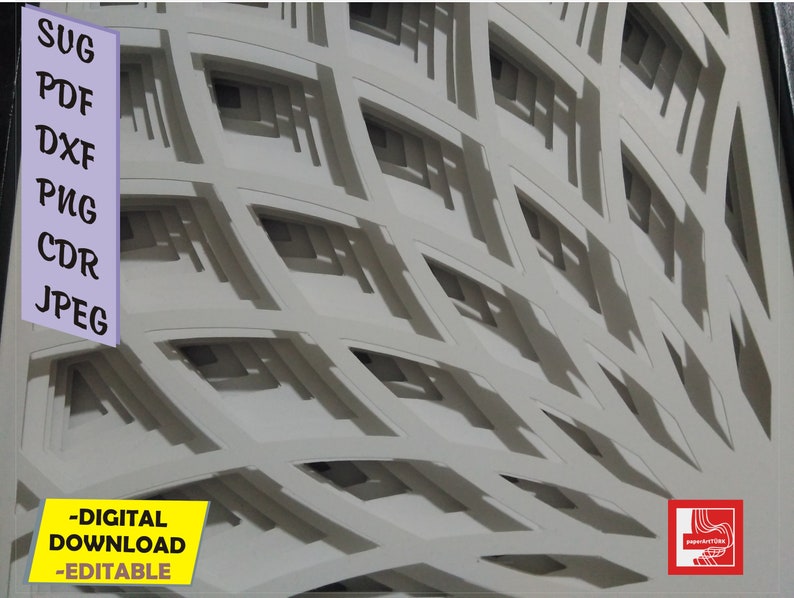 Puede incluir: Una obra de arte en papel en capas con un patr&oacute;n geom&eacute;trico repetitivo. La obra es principalmente blanca con sombras que crean profundidad. El texto en el lado izquierdo enumera los formatos de archivo: SVG, PDF, DXF, PNG, CDR y JPEG. La esquina inferior izquierda dice "-DESCARGA DIGITAL -EDITABLE".