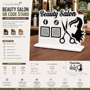 May include: A white laser-cut QR code stand for a beauty salon, featuring the text Beauty Salon, icons for Facebook and TikTok, two QR code placeholders, and a silhouette of a person with scissors. Dimensions are 8.5 inches by 2 inches by 6 inches.