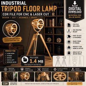 May include: A digital download for an industrial tripod floor lamp CDR file for CNC and laser cutting. The file includes vector designs for a wooden spotlight-style lamp with a tripod base, featuring assembly instructions and a 1.4 MB file size.