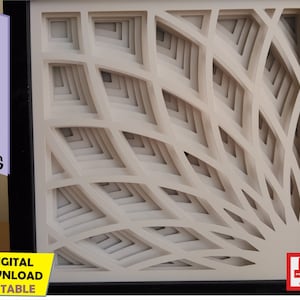 Puede incluir: Una obra de arte en papel en capas en un marco negro. El dise&ntilde;o presenta un patr&oacute;n geom&eacute;trico repetitivo con un efecto 3D, creando profundidad y sombra. La obra de arte es en tonos blancos y crema. El texto indica formatos de archivo de descarga digital.