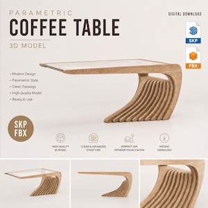 May include: A modern coffee table 3D model with a glass top and a unique, curved wooden base. The table's design is described as parametric and features clean lines. The image also includes the text "COFFEE TABLE" and "3D MODEL".