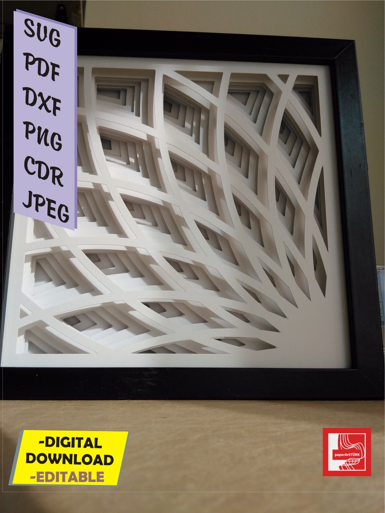 Puede incluir: Obra de arte en papel enmarcada con marco negro. Presenta un dise&ntilde;o geom&eacute;trico blanco con l&iacute;neas curvas y un efecto de capas. El texto en la imagen incluye "SUG, PDF, DXF, PNG, CDR, JPEG" y "-DESCARGA DIGITAL -EDITABLE".