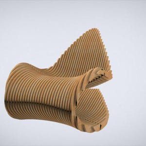 May include: A chair constructed from numerous thin, light brown wooden slats arranged in a curved, wave-like pattern. The structure features a continuous, flowing form with a hollow center, creating a layered, ribbed appearance throughout the seat.