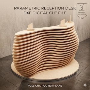 Op de afbeelding: Een parametrisch receptiedesk gemaakt van gelaagd hout, met een golvend ontwerp. De desk heeft een cirkelvormige basis en bevat de tekst "PARAMETRIC RECEPTION DESK DXF DIGITAL CUT FILE" en "FULL CNC ROUTER PLANS".