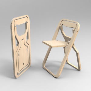 May include: A light-colored wooden folding chair shown in two states: one fully collapsed into a flat, rectangular frame and one fully assembled with a seat, backrest, and four legs. The chair features a smooth, natural wood grain finish.