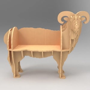 May include: A wooden ram-shaped bench with a seat and backrest. The bench is constructed from light brown wood and features detailed cutouts for the ram's features, including horns, legs, and body. The design is a unique piece of furniture.