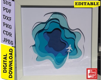 Avión en el cielo Papercut SVG PDF / Avión 3D Paper Art Descarga digital
