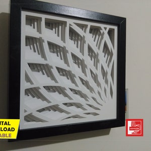 Puede incluir: Una obra de arte en papel enmarcada con un marco negro. La obra presenta un dise&ntilde;o abstracto blanco con l&iacute;neas curvas y sombras. El texto en la imagen incluye "SVG, PDF, DXF, PNG, CDR, JPEG" y "-DESCARGA DIGITAL -EDITABLE".