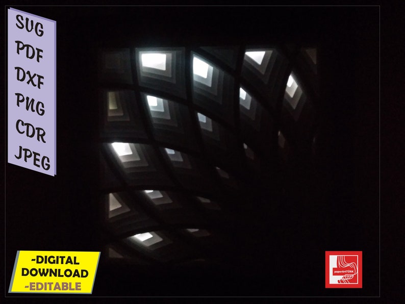 Puede incluir: Dise&ntilde;o arquitect&oacute;nico abstracto con un fondo oscuro y una serie de aberturas cuadradas iluminadas. La imagen incluye texto que indica formatos de archivo: SVG, PDF, DXF, PNG, CDR y JPEG. El texto adicional dice "-DESCARGA DIGITAL-EDITABLE."