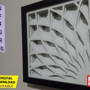 Puede incluir: Una obra de arte en papel enmarcada, con un dise&ntilde;o geom&eacute;trico en capas. La obra presenta una serie de capas de papel blanco cortado que crean un efecto tridimensional. El marco es negro. El texto indica formatos de archivo: SVG, PDF, DXF, PNG, CDR y JPEG. Tambi&eacute;n est&aacute; presente el texto "-DESCARGA DIGITAL -EDITABLE".
