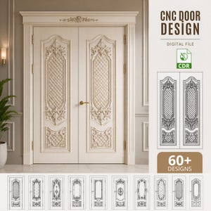 Può includere: Un paio di porte in legno color crema ornate con intagli dettagliati e ferramenta dorata. L'immagine mostra un file digitale di design per porte CNC, con il testo "CNC DOOR DESIGN" e "60+ DESIGNS".