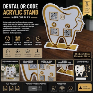 May include: A white and gold acrylic stand shaped like a tooth with a side profile of a face. The stand features three QR code squares, a Facebook icon, an Instagram icon, and a TikTok icon. It includes a rectangular gold base and measures 8.5 x 2.5 x 9.3 inches.