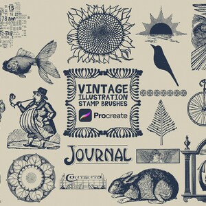 May include: A selection of navy blue vintage illustrations, featuring a sunflower, a bird, a car, a fish, and a bicycle. The image also includes the text "VINTAGE ILLUSTRATION STAMP BRUSHES" and the word "JOURNAL".