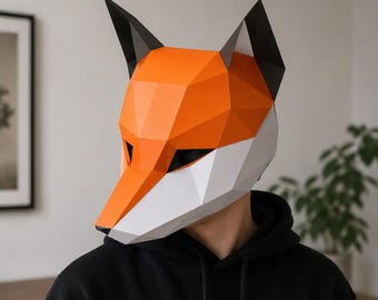 Low Poly Fuchs Maske PDF Vorlage | Druckbare Papercraft Tier Maske | DIY Polygon Fuchs Kostüm Maske | 3D Papiermuster