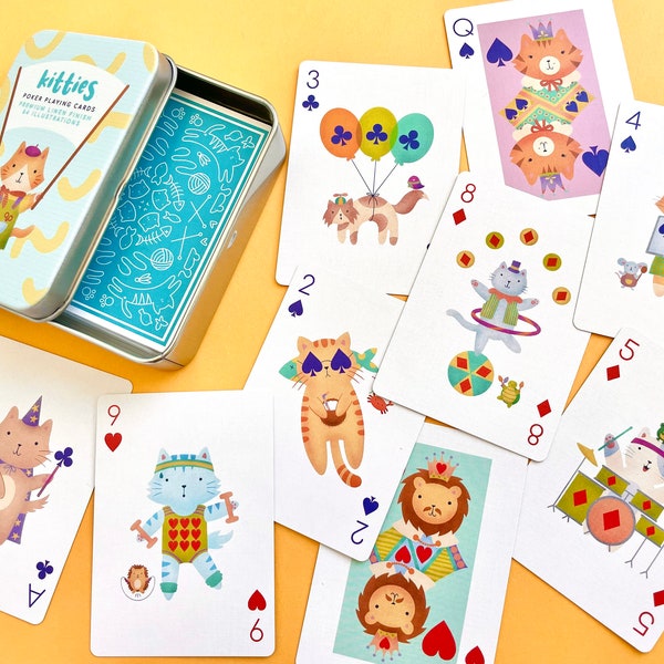 Cat Playing Cards - Illustrated Poker Card Deck - High Quality Linen Finish - 54 Unique Illustrations of Cute Cartoon Cats - Collector's Tin