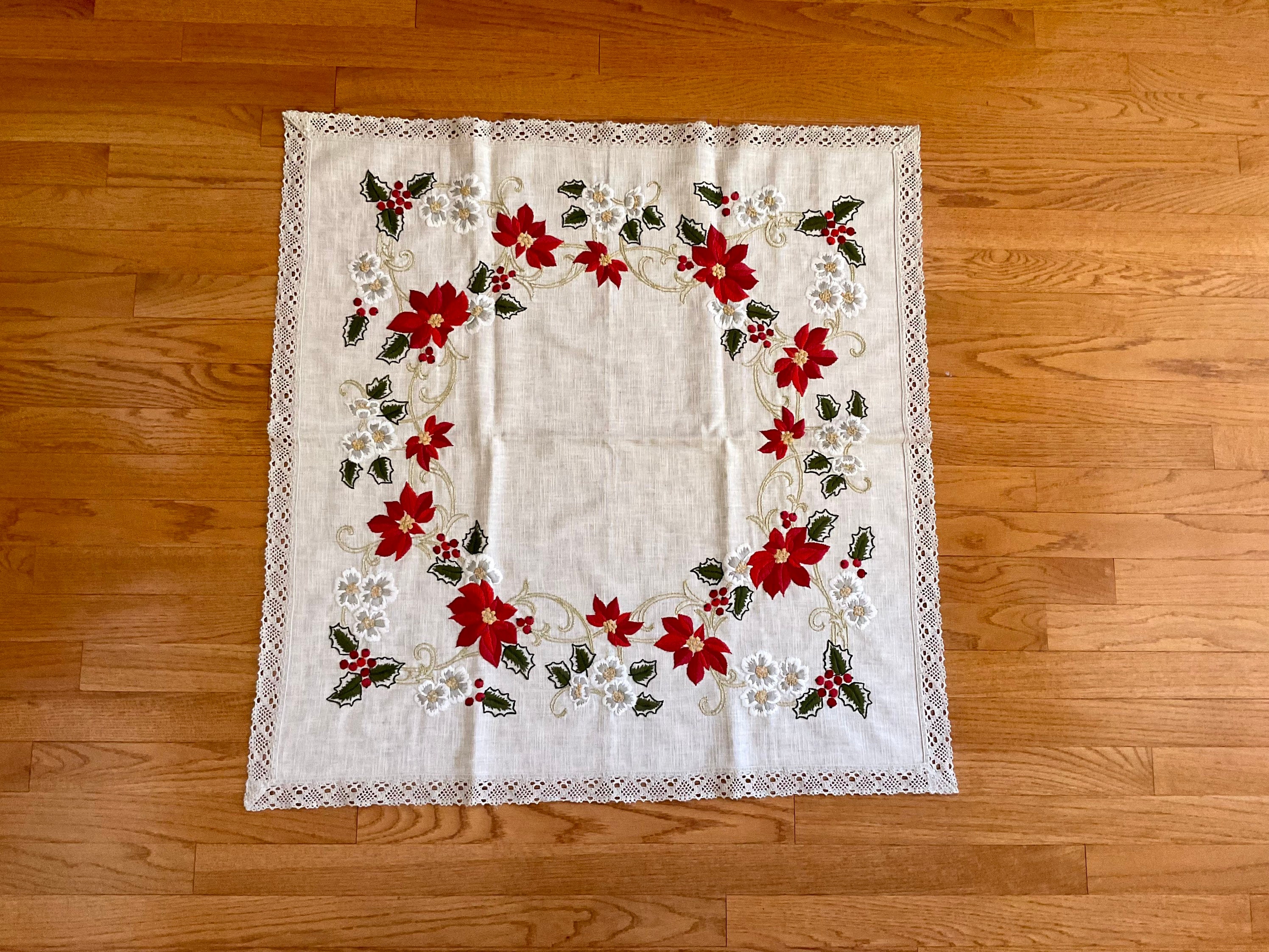 Winter Themed Tablecloth with Poinsettias Holly and Berries