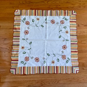 White Square Tablecloth with Striped Border and Flowers